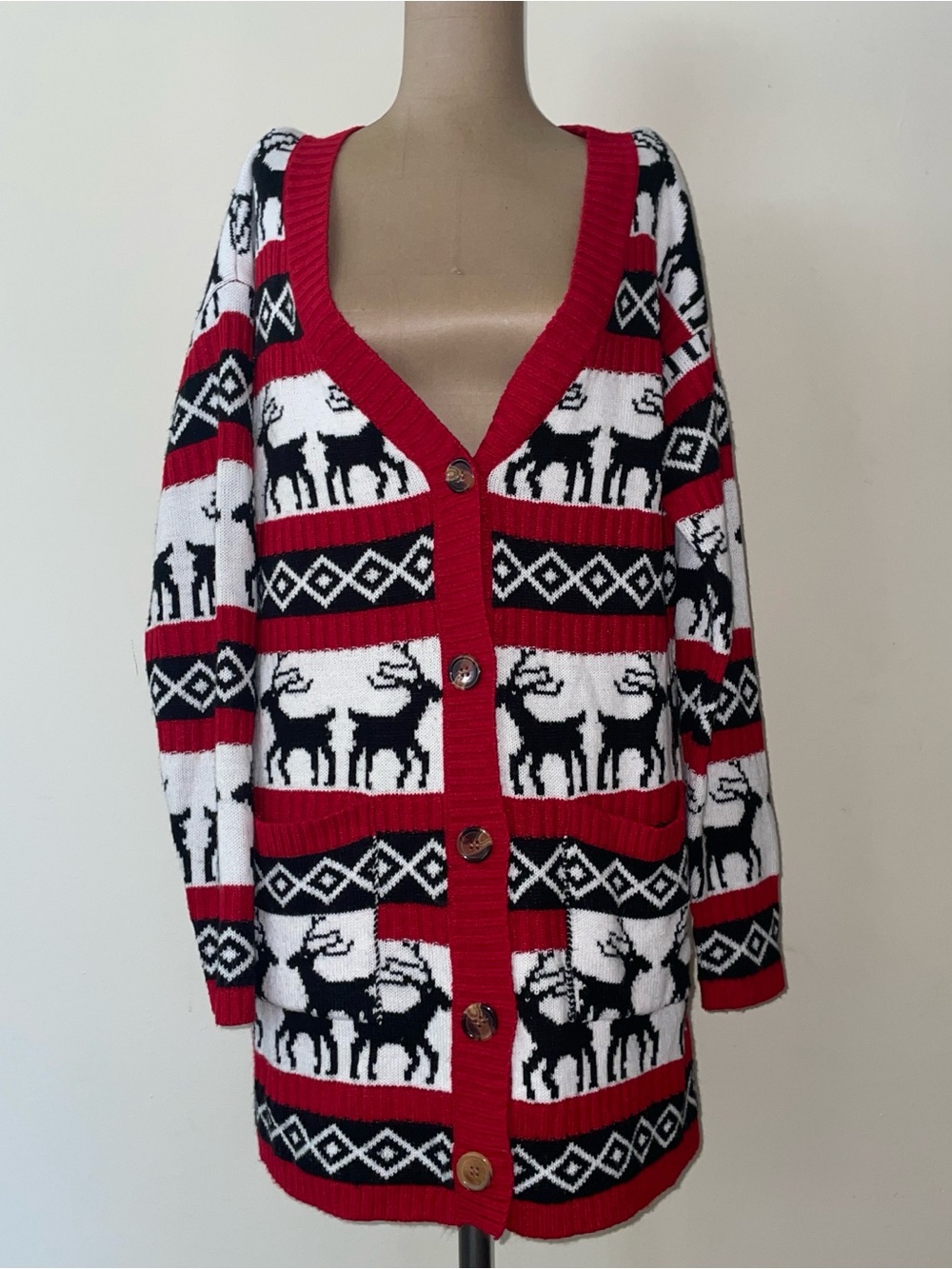 Women’s Red Black White Reindeer Knit Cardigan